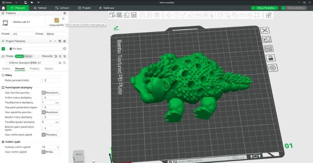 Model želvy připravený v Bambu Studiu