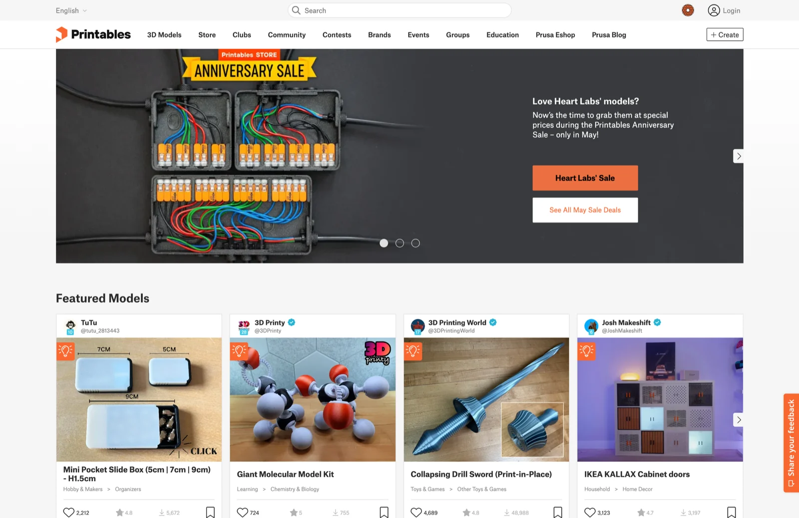 Úvodní stránka databáze 3D modelů Printables
