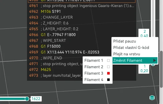 Nastavení ruční výměny filamentu v náhledu G-kódu