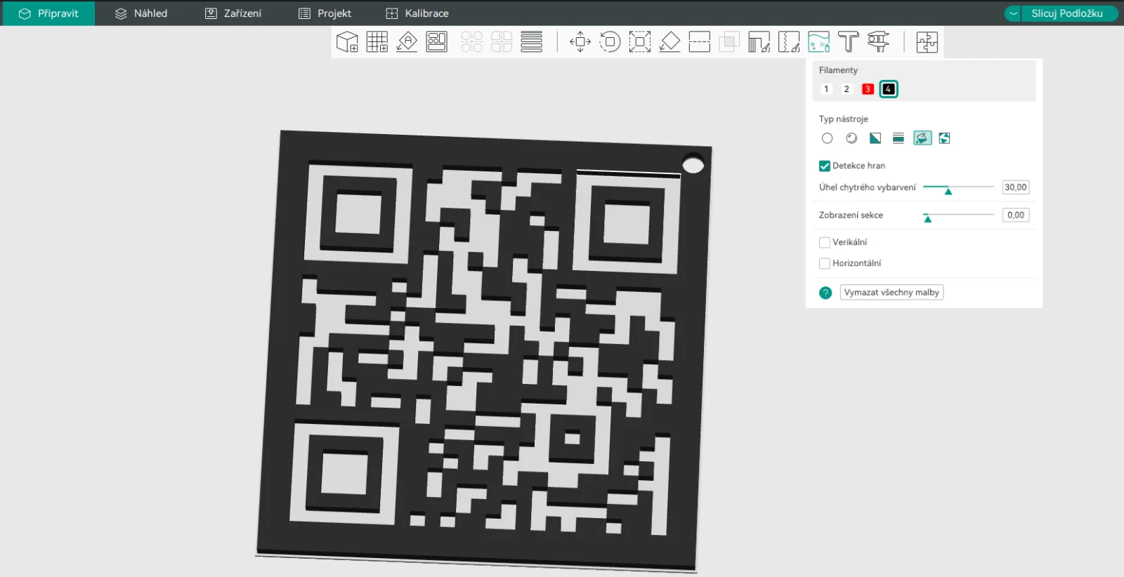 Obarvení horní plochy QR kódu v Orca Sliceru